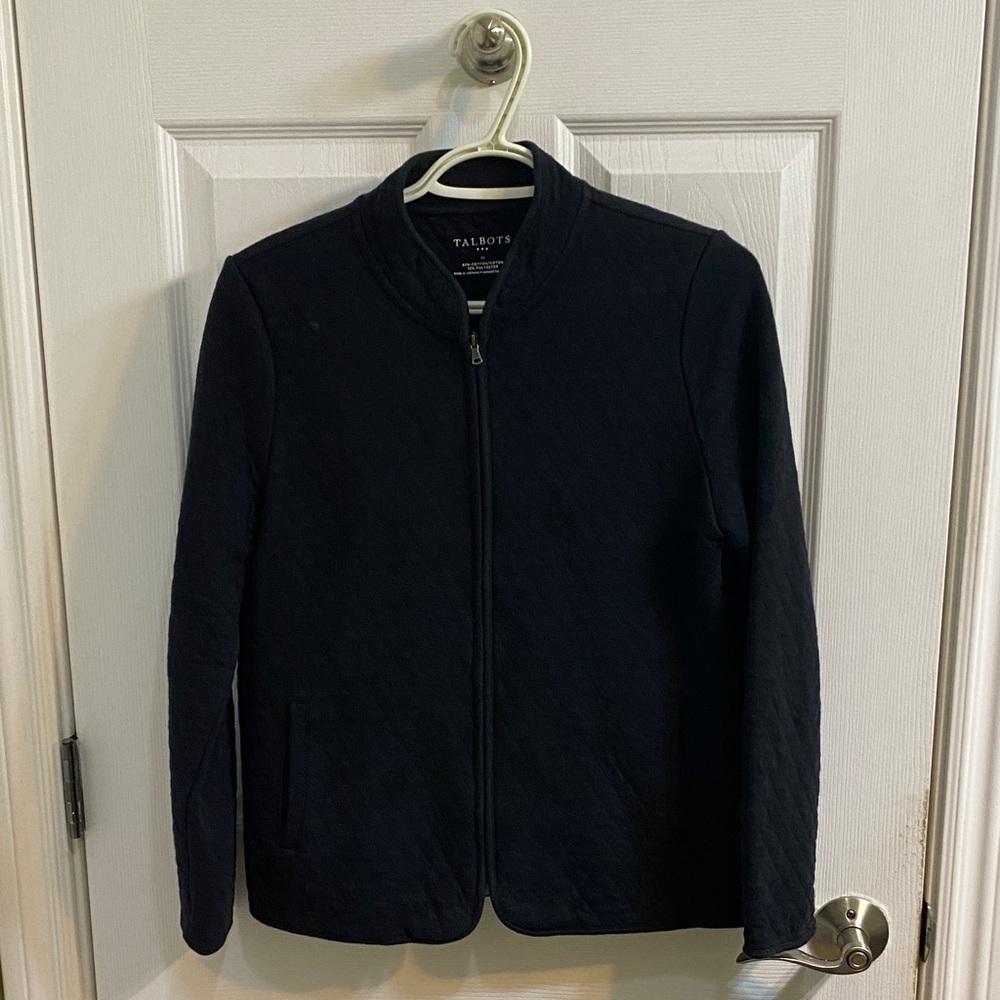 Talbots Quilted Cotton Blend Black Zip Up Sweater Women’s Size Medium Winter